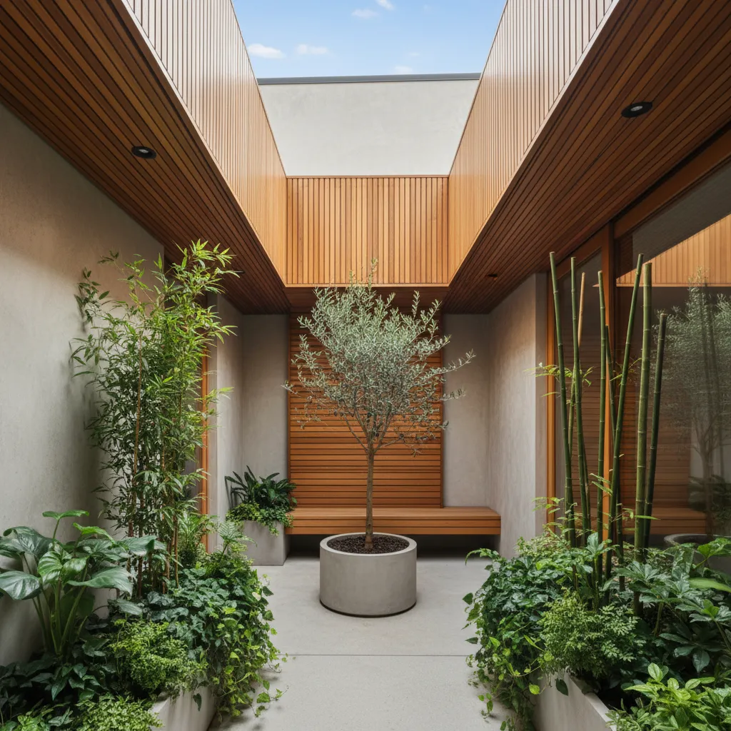 Modern internal courtyard with central potted tree green bamboo plants wood wall panels and sky