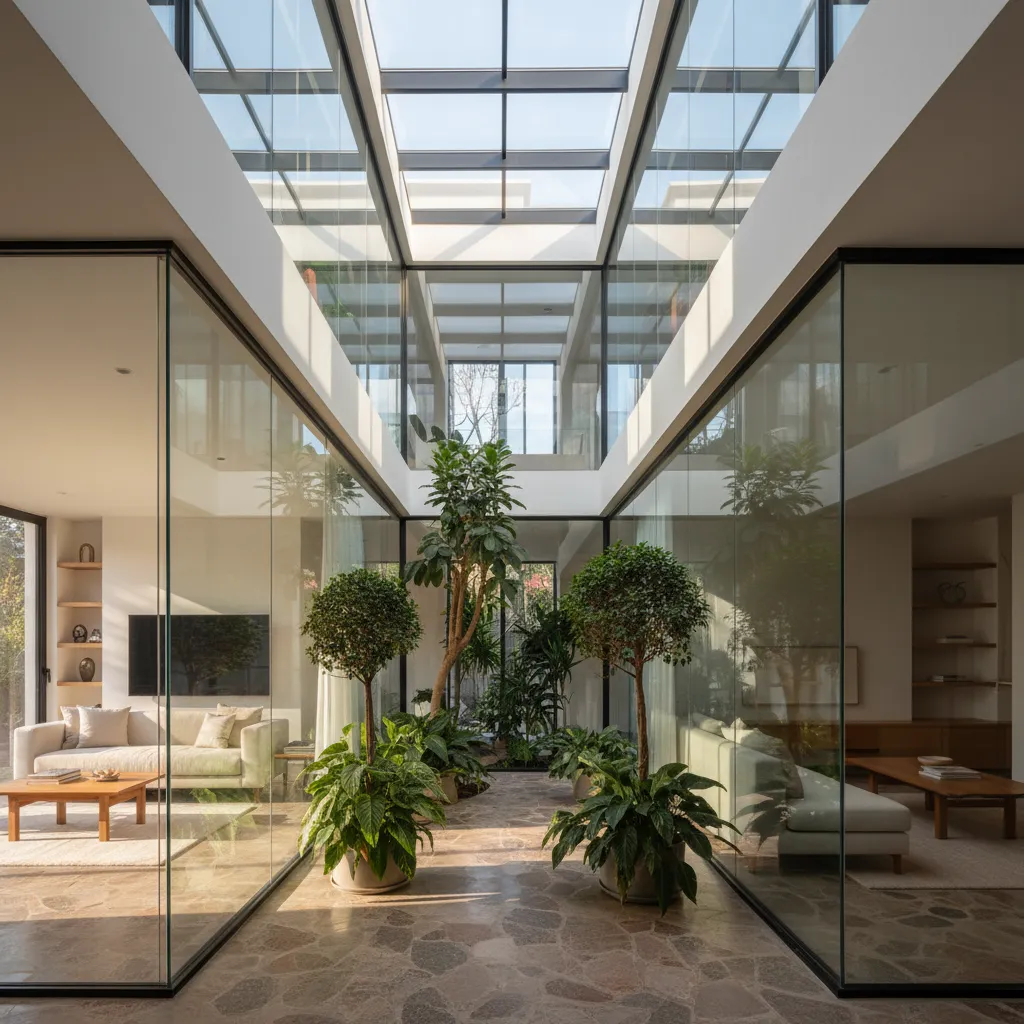 Patio interior moderno que ilumina una casa estrecha y alargada