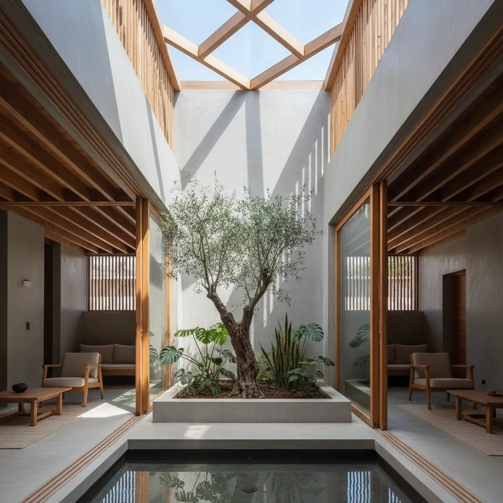 Patio interior que aporta luz natural en casa de terreno estrecho