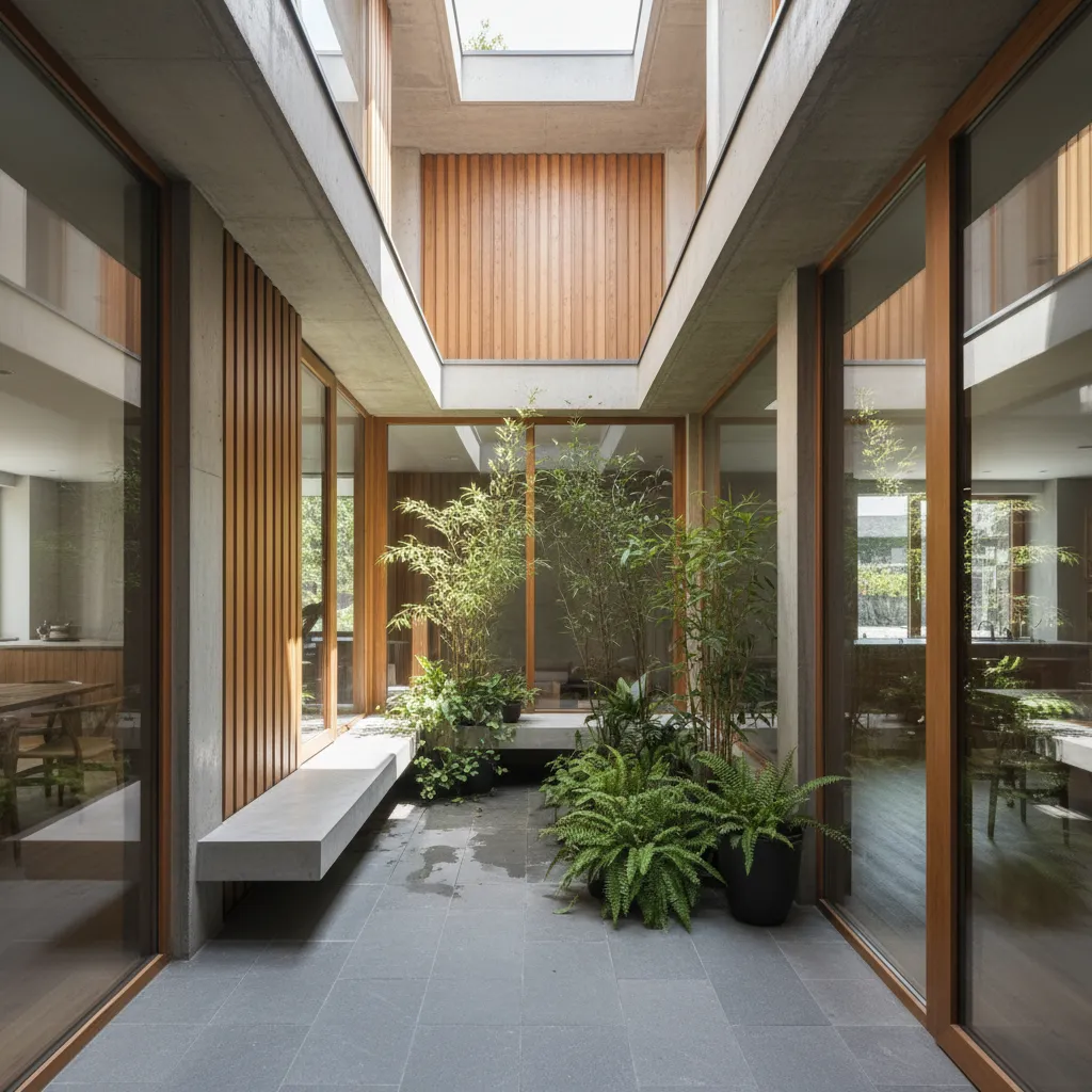 Patio interior pequeño que aporta luz a una casa estrecha