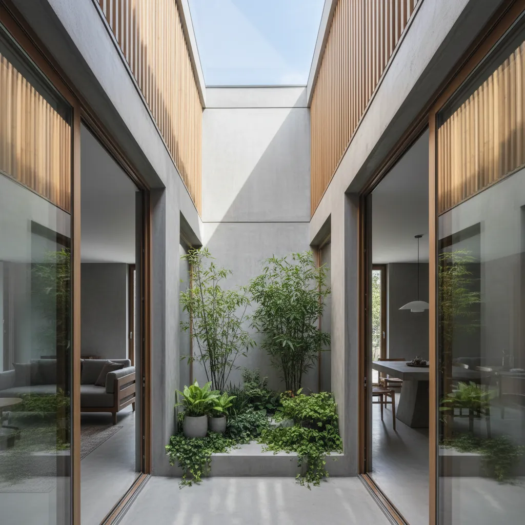 Pequeño patio interior en casa estrecha