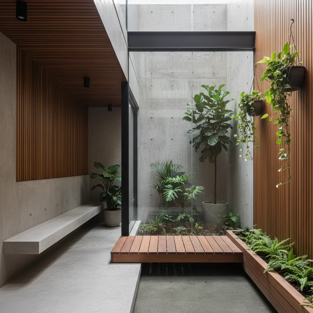 Patio interior que ilumina una casa moderna en terreno estrecho