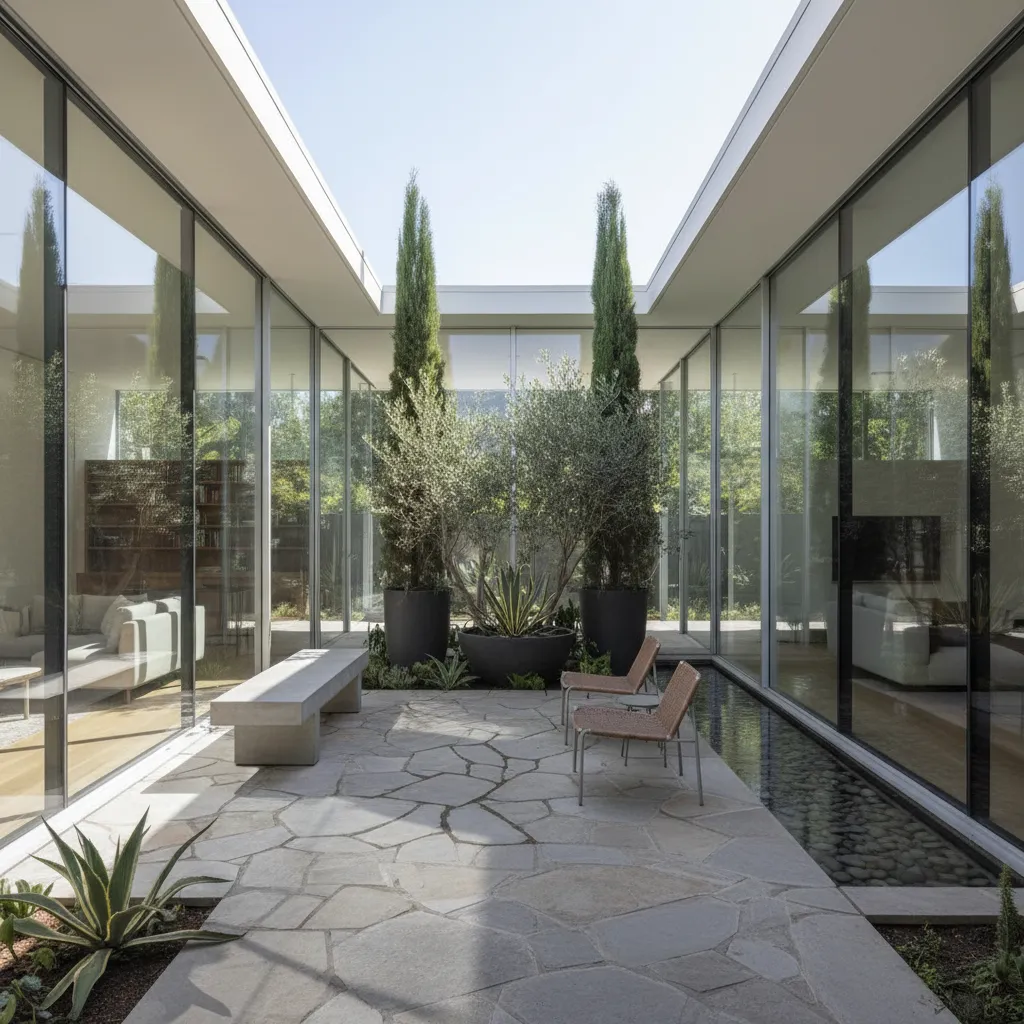 Patio interior entre las alas de una casa moderna en forma de H