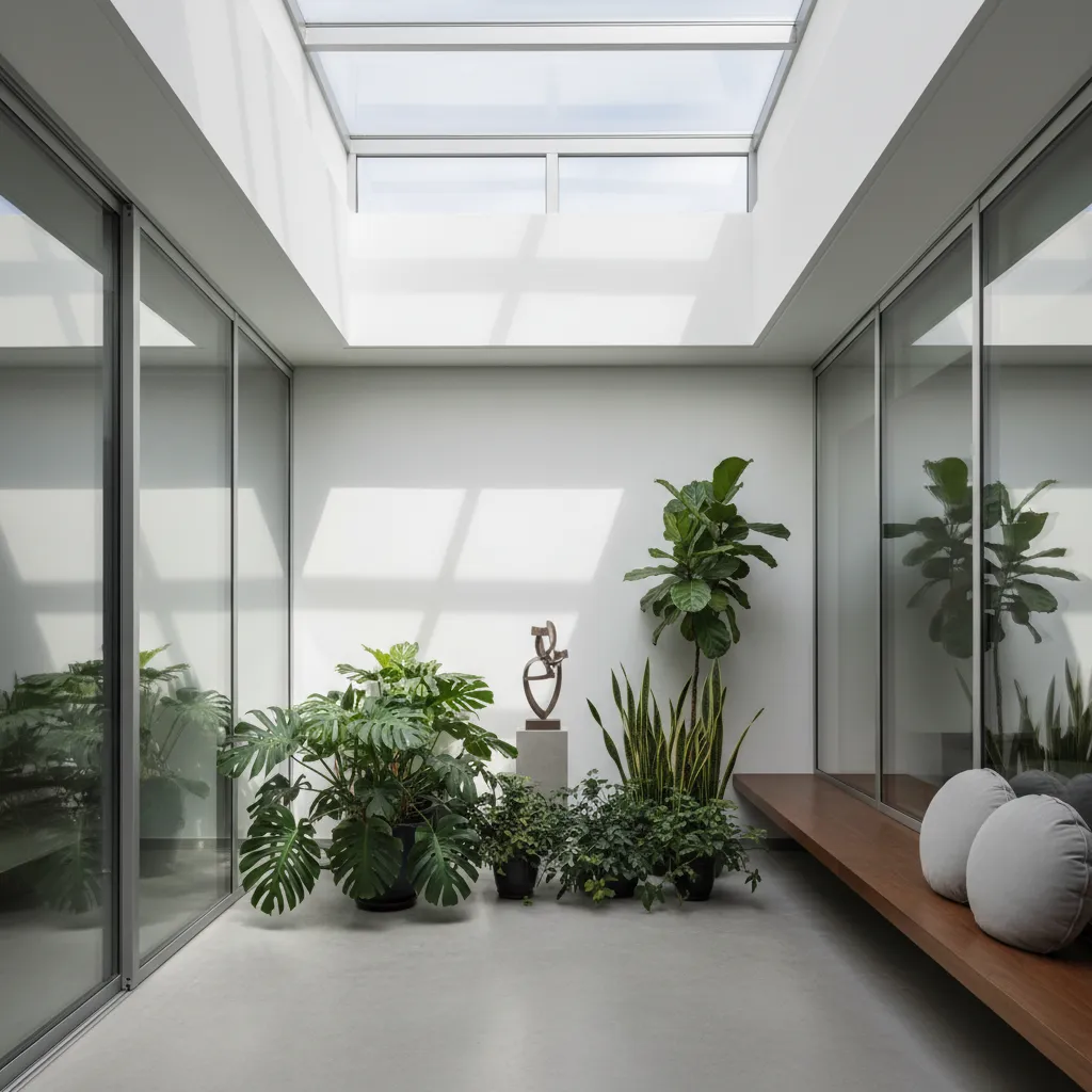 Patio interior en una casa moderna con vegetación