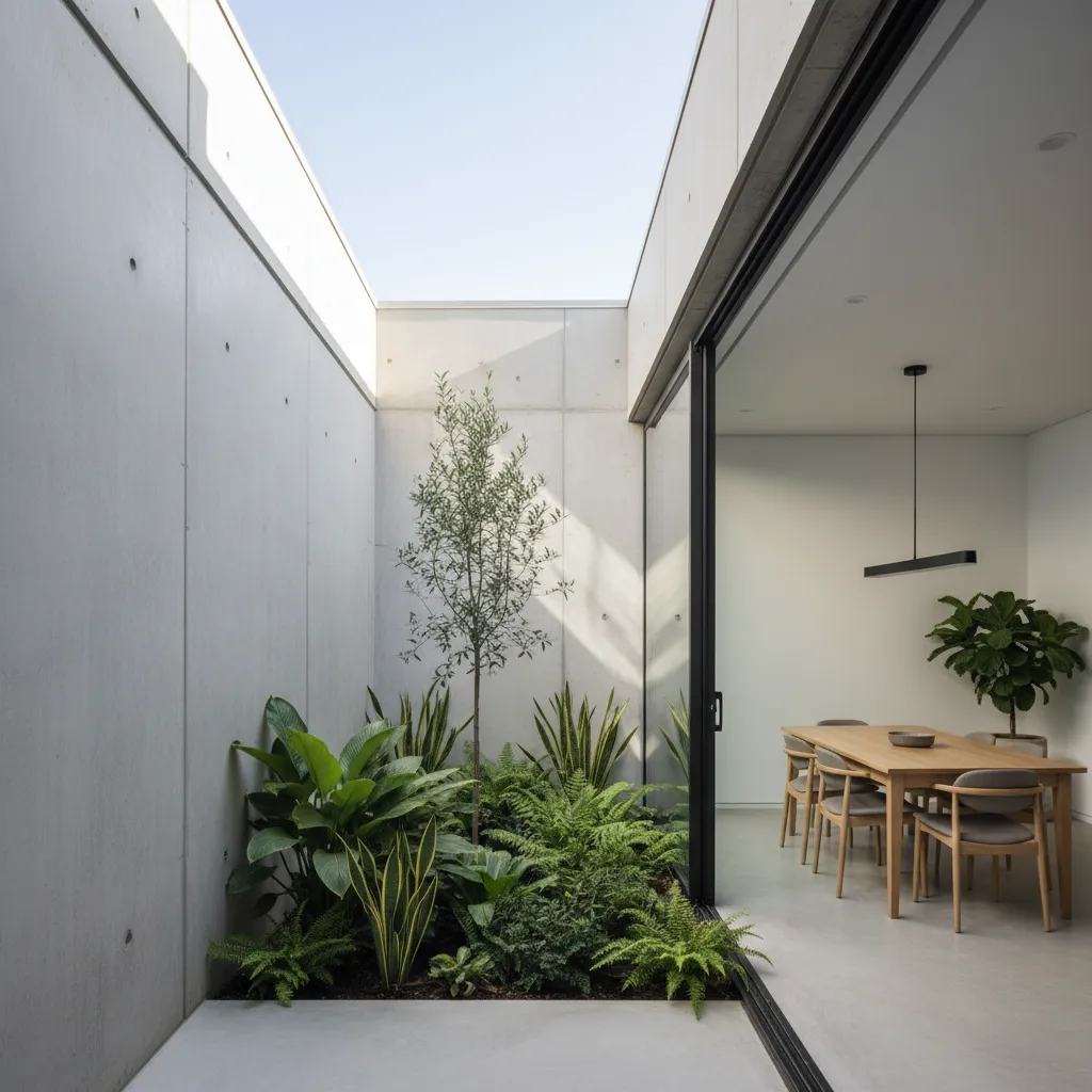 Pequeño patio interior que ilumina una casa de planta baja