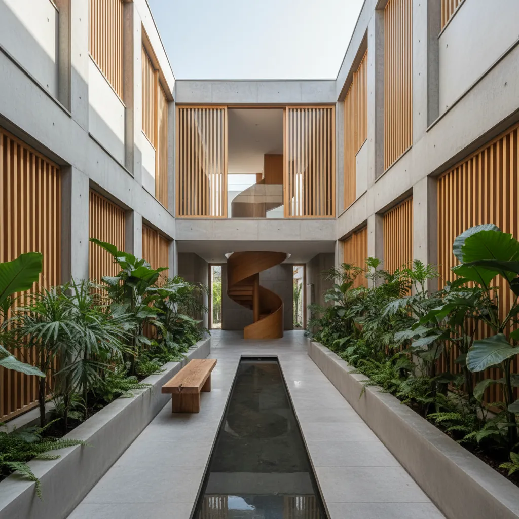 Patio interior moderno que ilumina una casa construida en terreno estrecho