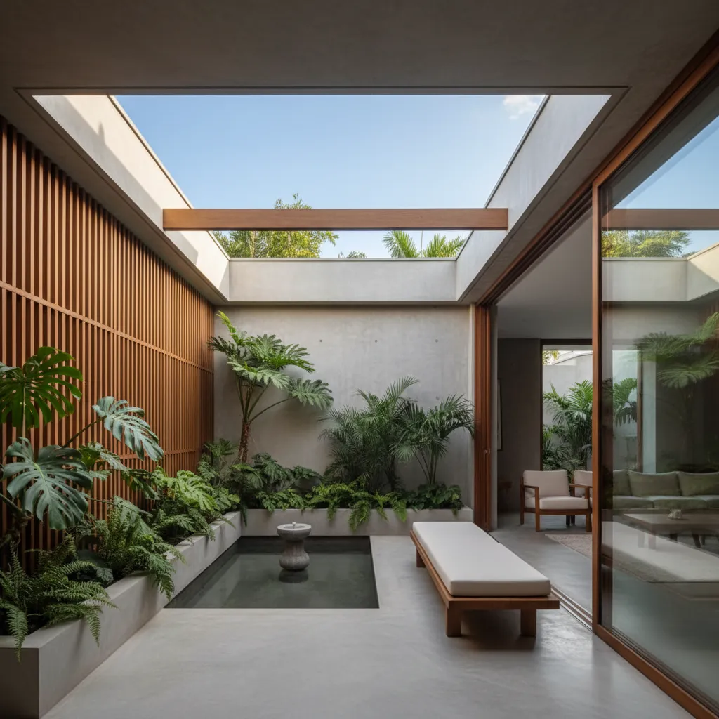 Patio interior con vegetación en una casa tropical