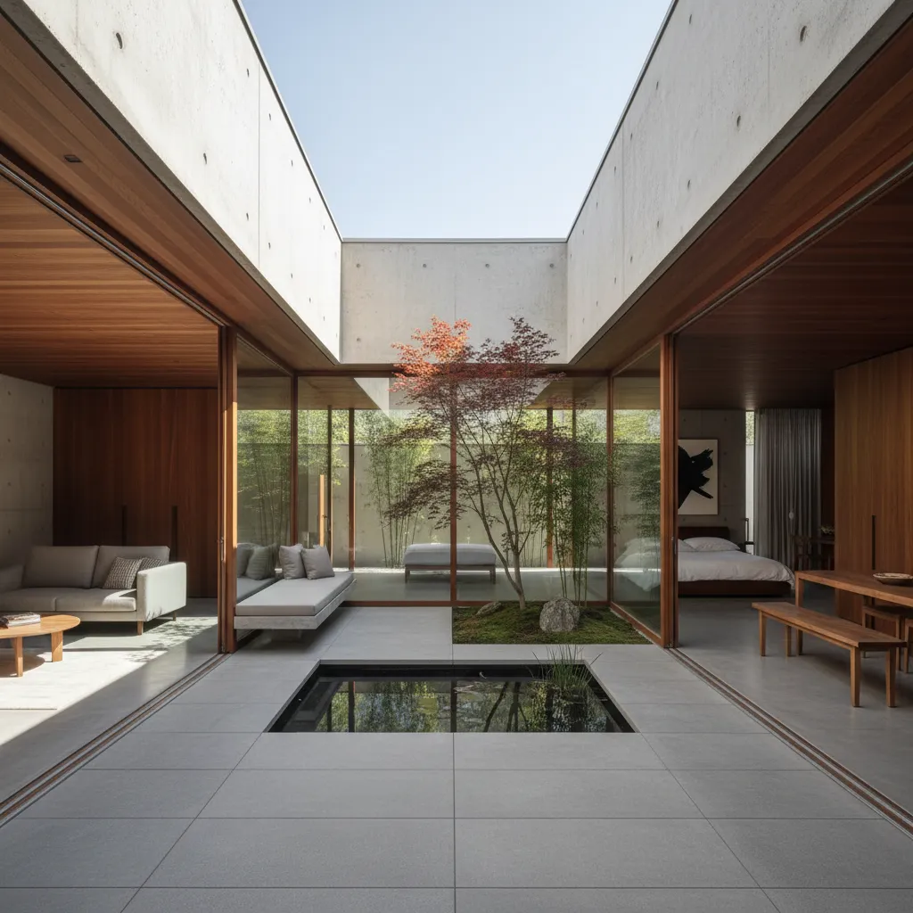 Patio interior moderno dentro de una casa de una planta