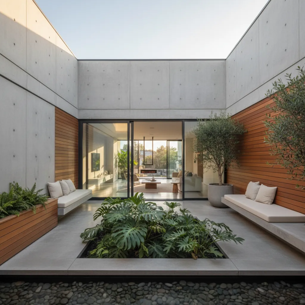 Modern interior courtyard with concrete walls, wooden panels, outdoor benches, central plants, and glass doors