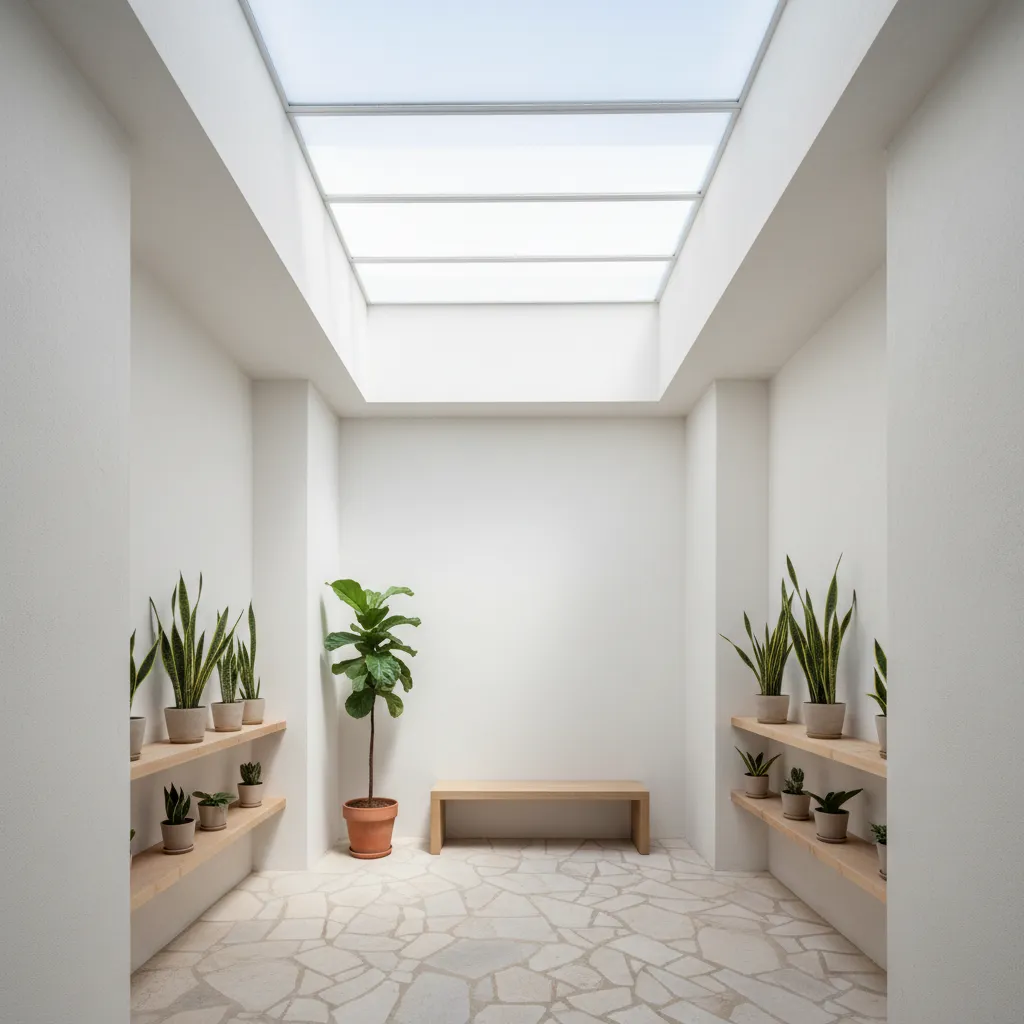 Patio interior cerrado pequeño con paredes blancas y entrada de luz natural