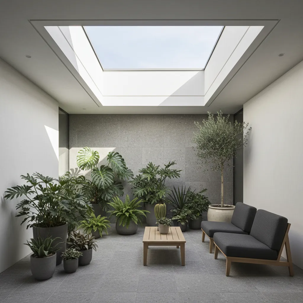 Patio interior pequeño con plantas decorativas y luz natural