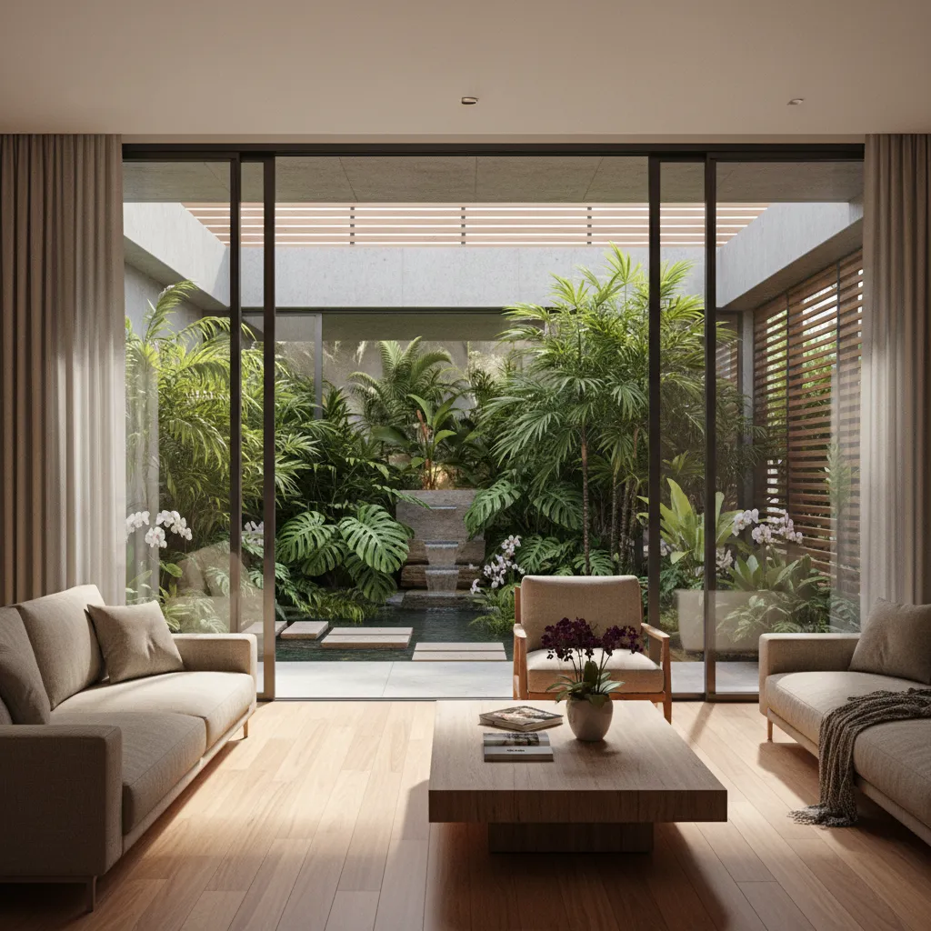 Patio interior con plantas y conexión visual con el salón