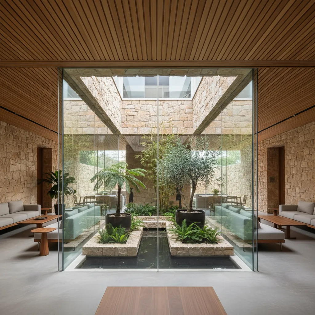 Patio interior moderno conectado visualmente con la vivienda