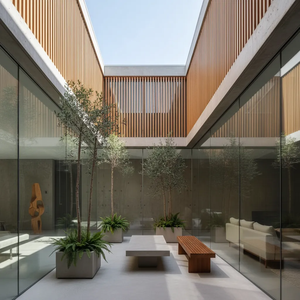 Patio interior que aporta luz natural a una casa moderna