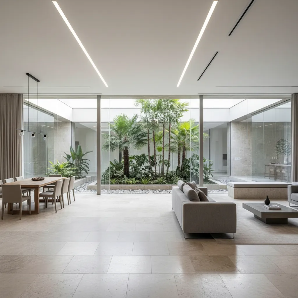 Patio interior que ilumina salón y comedor con grandes ventanales