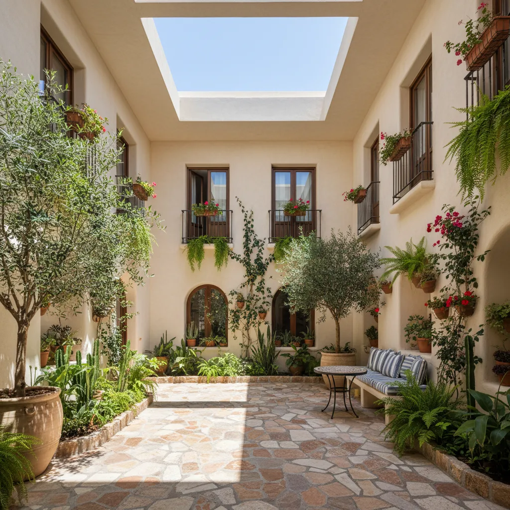 Patio interior pequeño con suelo de piedra y plantas verdes