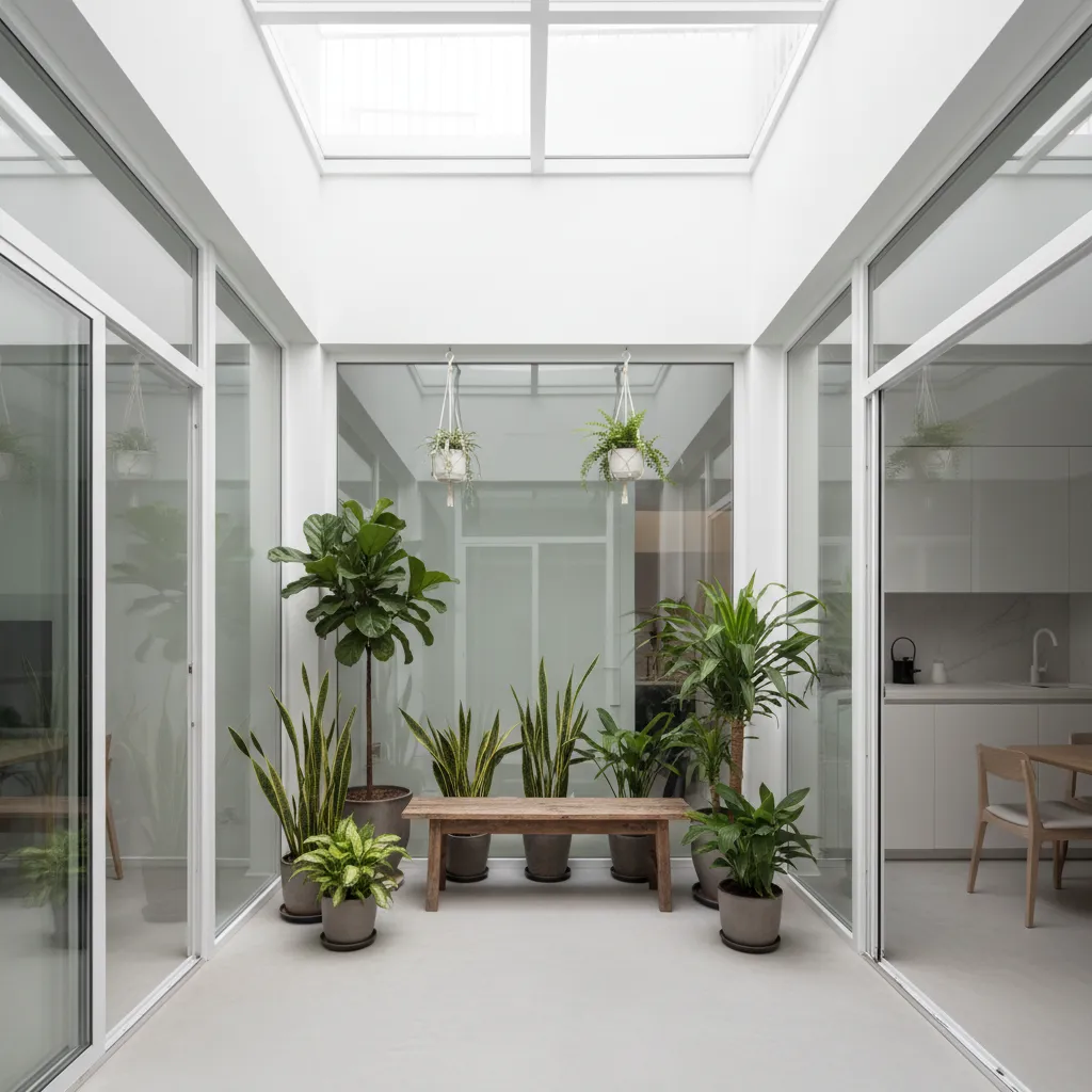 White indoor courtyard with glass walls wooden bench several green potted plants and a skylight