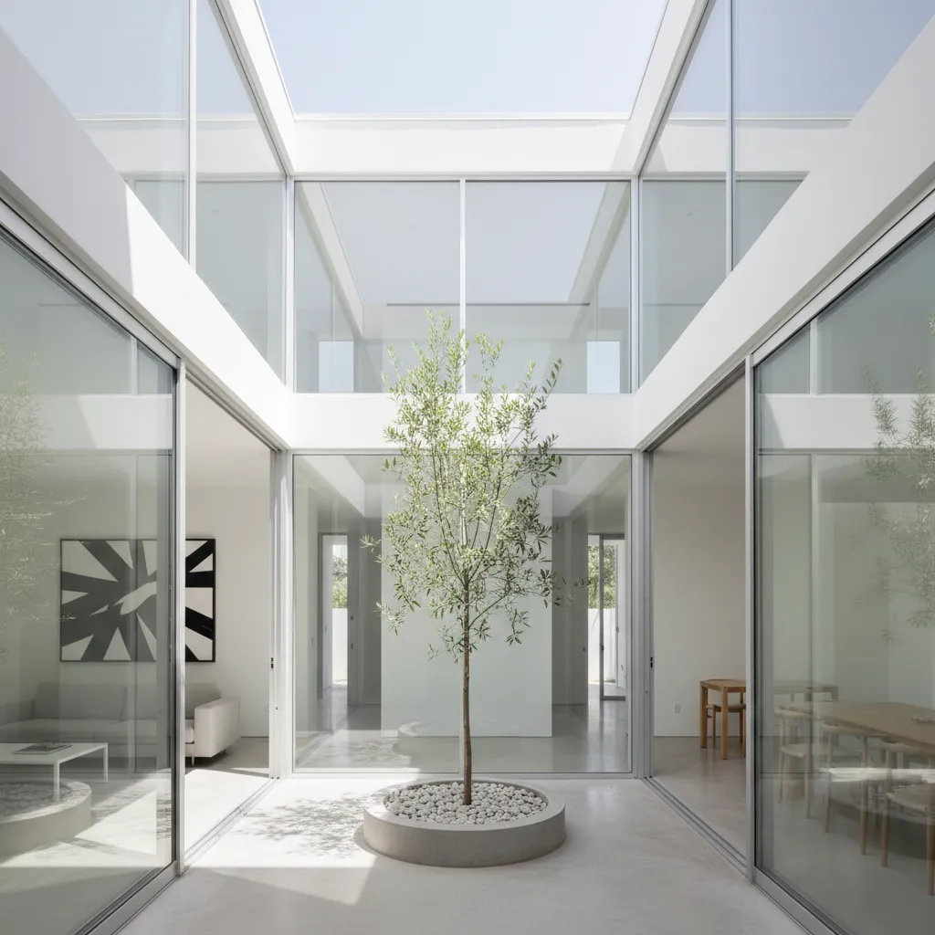 Patio interior minimalista que ilumina varias habitaciones de la casa