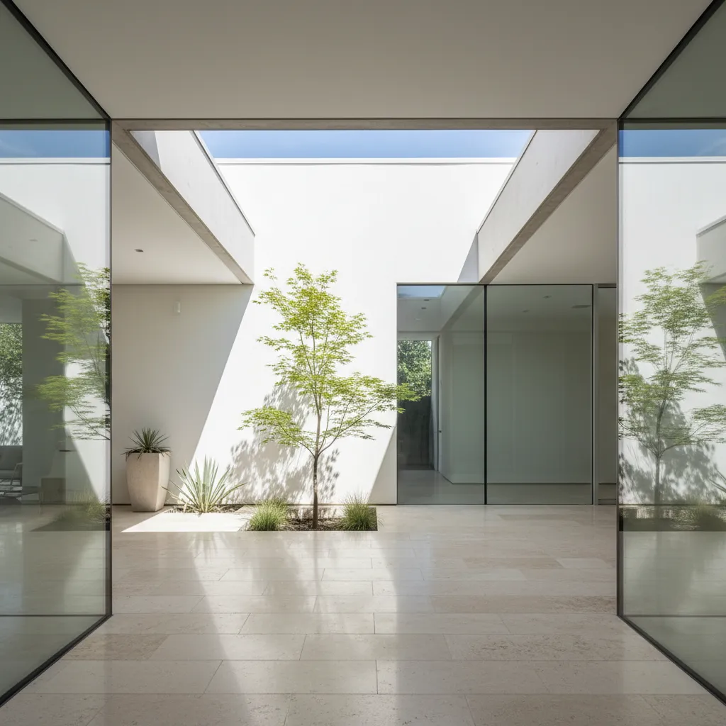 Minimalist white home courtyard with a green tree surrounded by glass walls and stone flooring