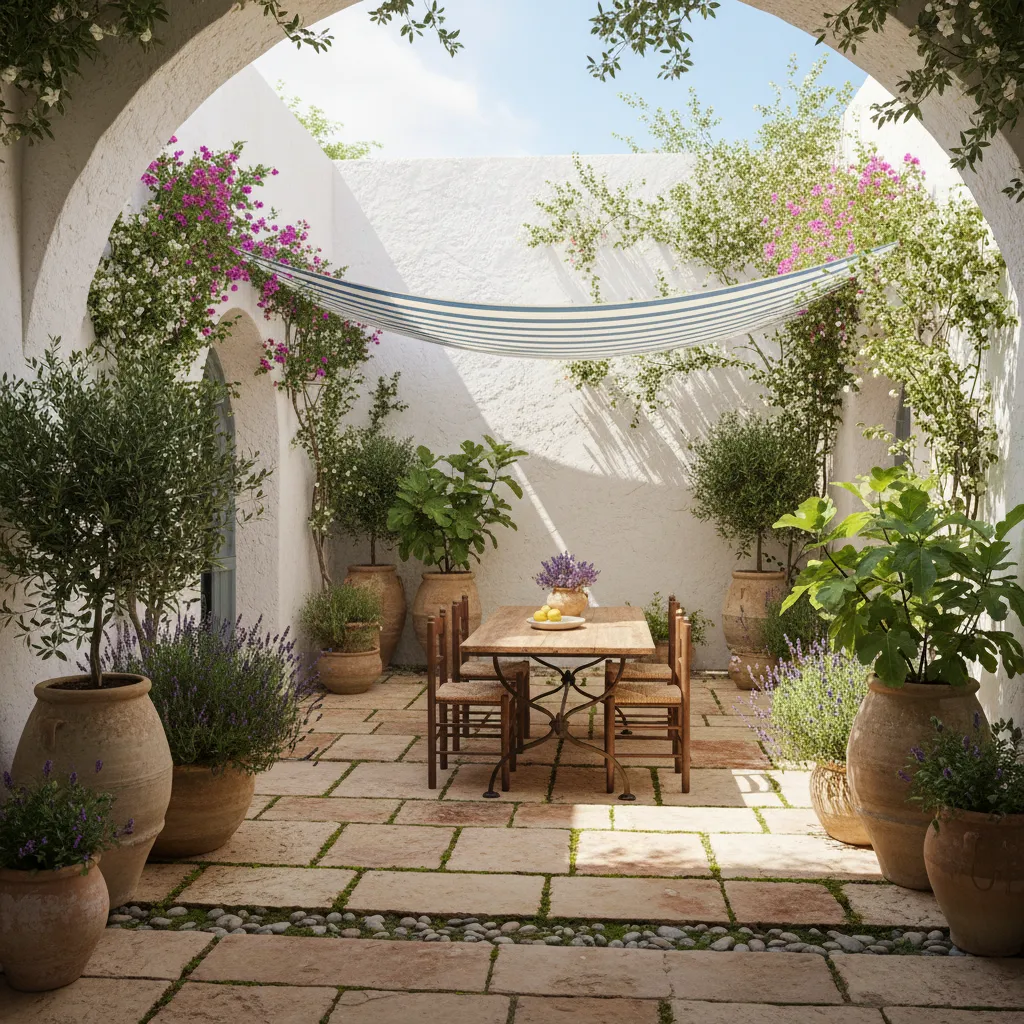 Patio interior mediterráneo con plantas y paredes blancas