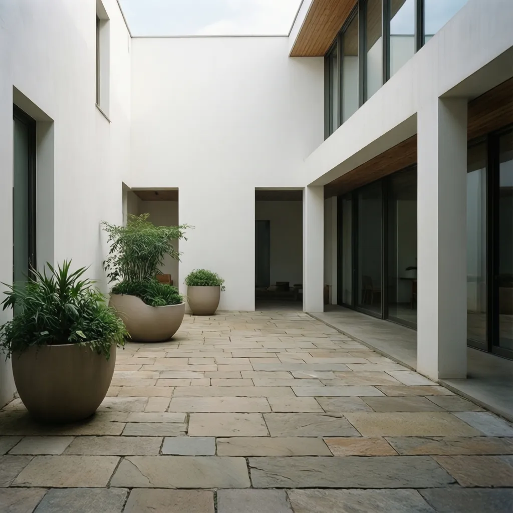 Patio interior minimalista con pocas macetas grandes