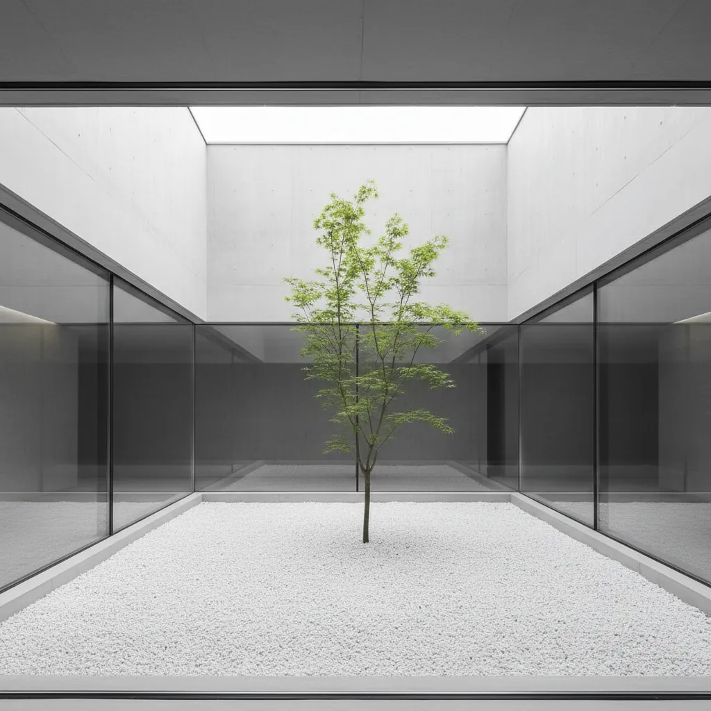 Patio interior minimalista con grava blanca y árbol central