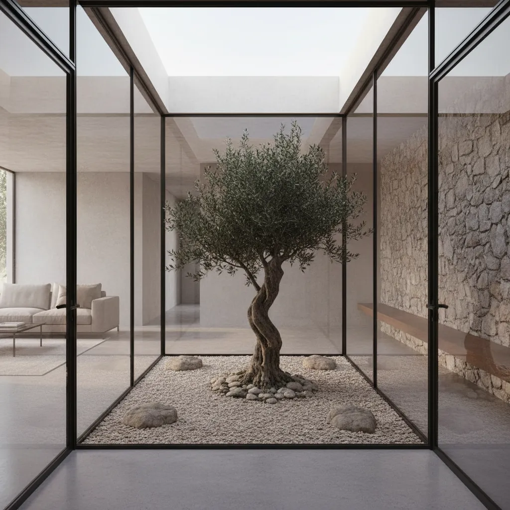 Patio interior moderno minimalista con grava, piedra y plantas