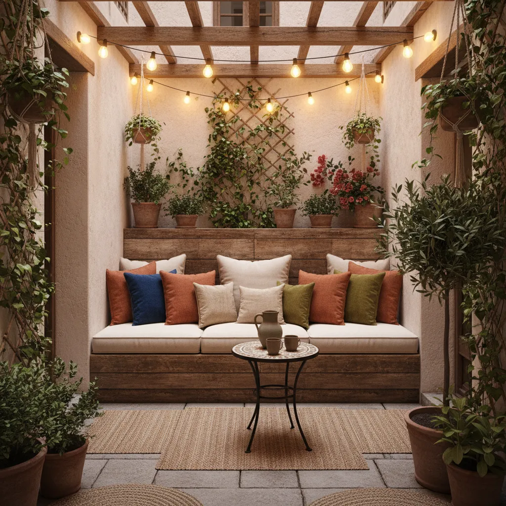 Pequeño patio interior convertido en rincón acogedor con plantas y asiento