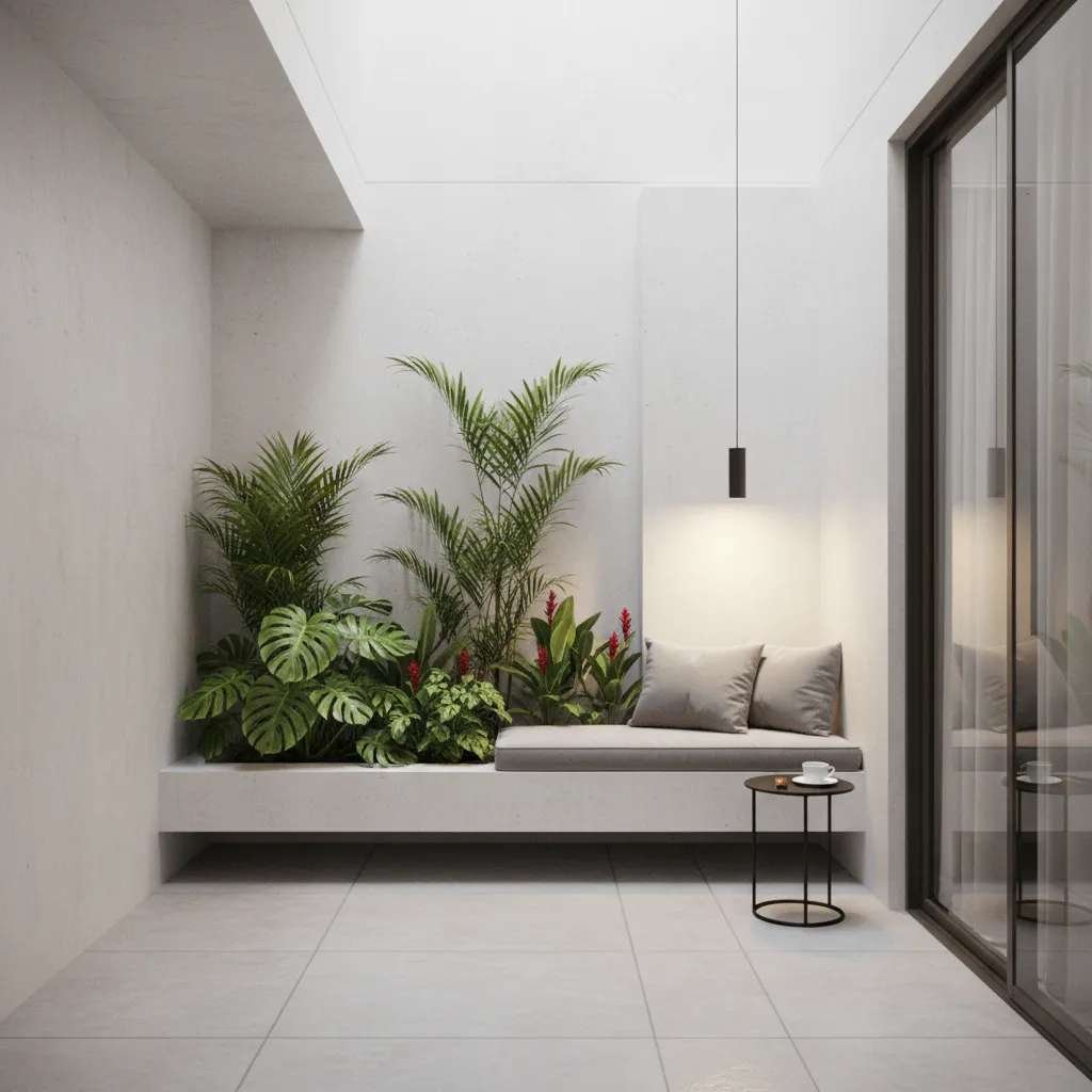 Diseño de patio interior pequeño con jardinera y banco integrado