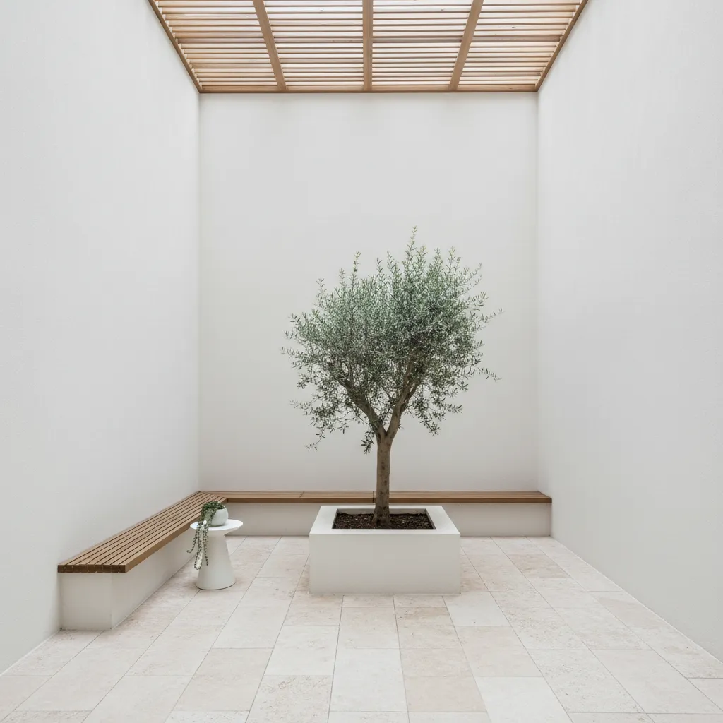 Patio interior pequeño con paredes claras y buena entrada de luz