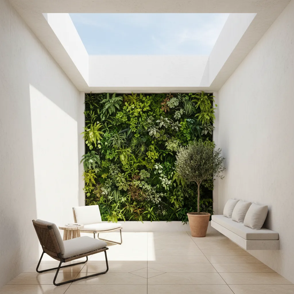 Patio interior pequeño con jardín vertical y pavimento claro