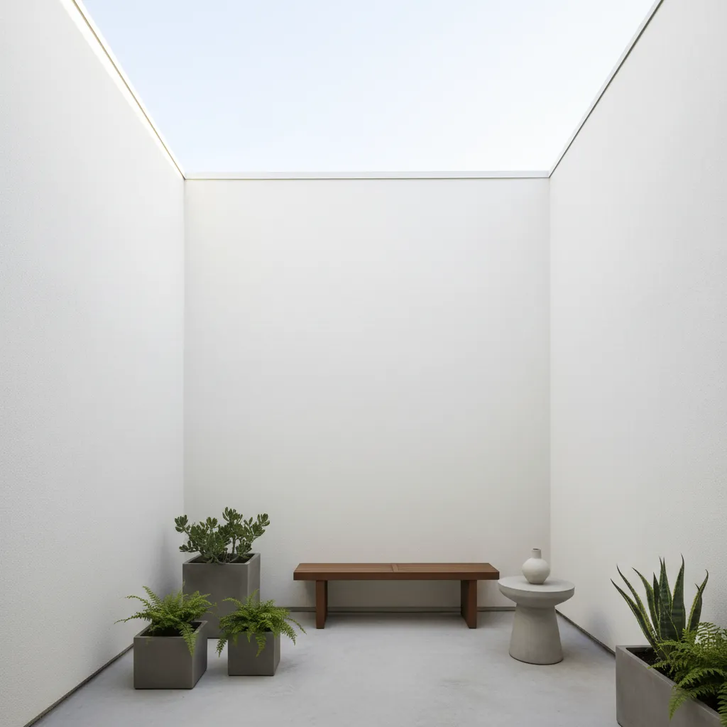 Patio interior pequeño con macetas organizadas y diseño minimalista