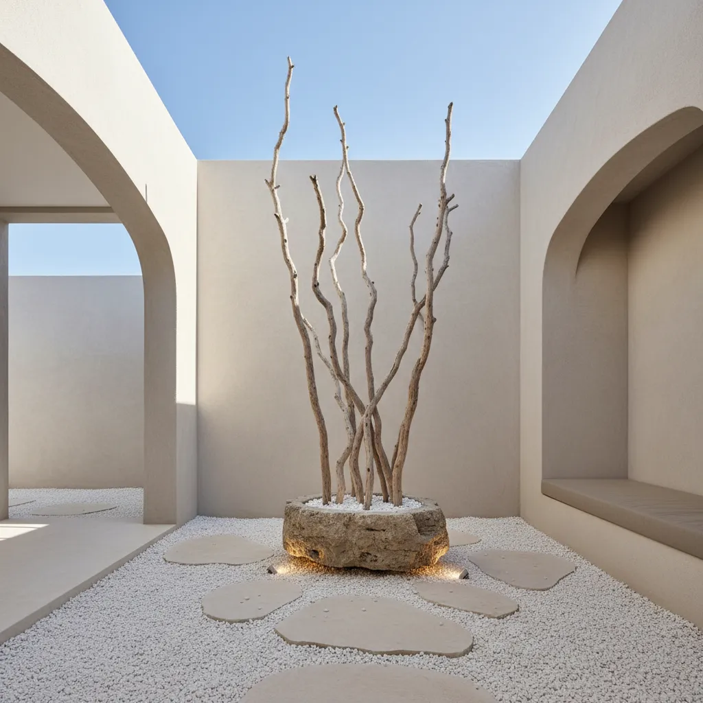 Minimalist outdoor patio with central stone pot holding tall dry branches on white gravel ground