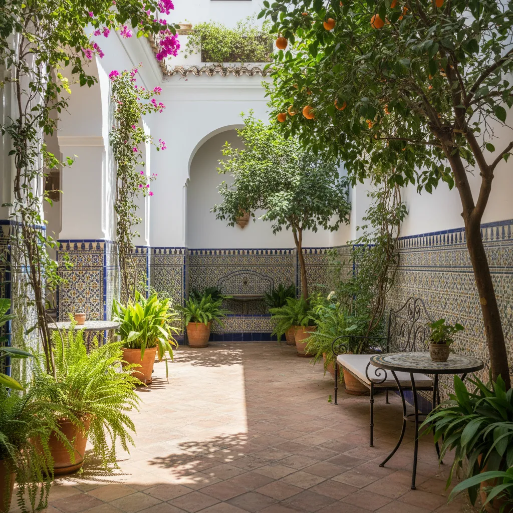 Patio interior sevillano reformado con plantas y azulejos tradicionales