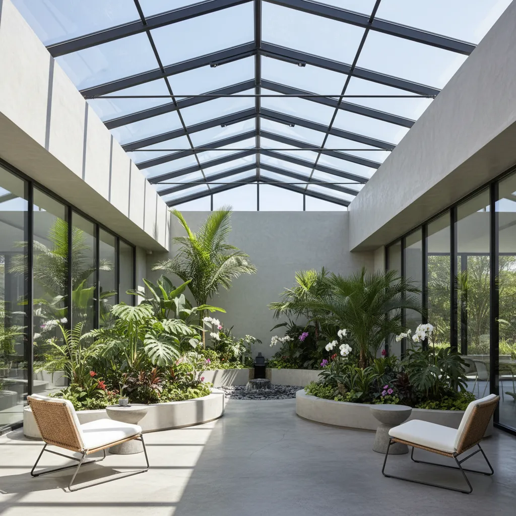 Patio interior cubierto con techo de vidrio y estructura metálica fina