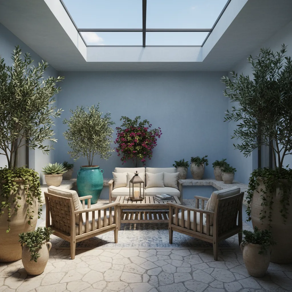 Decoración de patios interiores en tonos azules