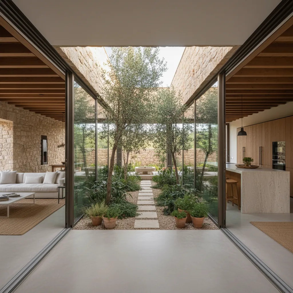 Modern living room and kitchen with glass doors opening into a small indoor garden courtyard