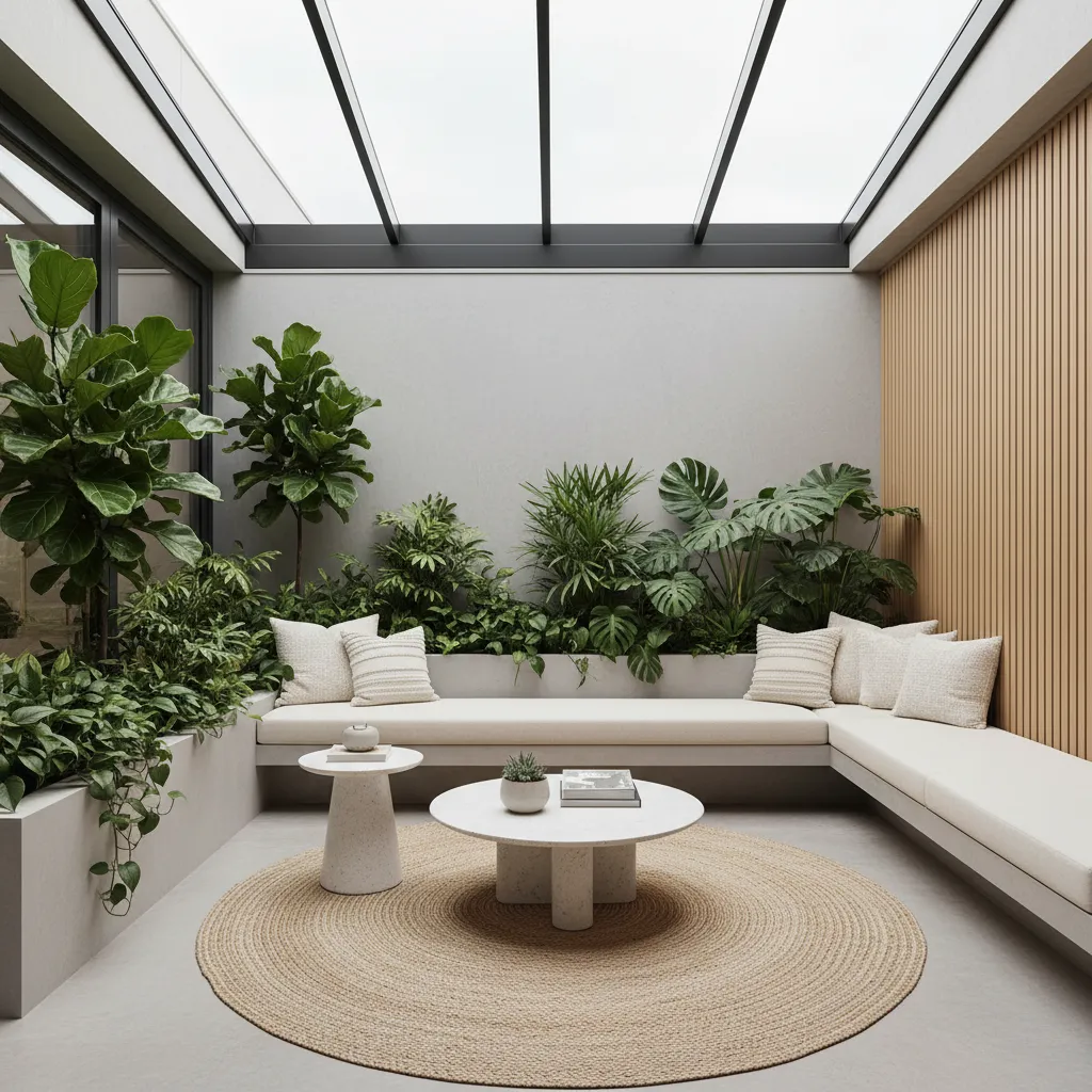Patio interior cerrado con banco integrado y plantas decorativas