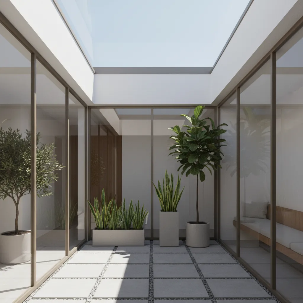 pequeno pátio interno trazendo luz natural para casa estreita