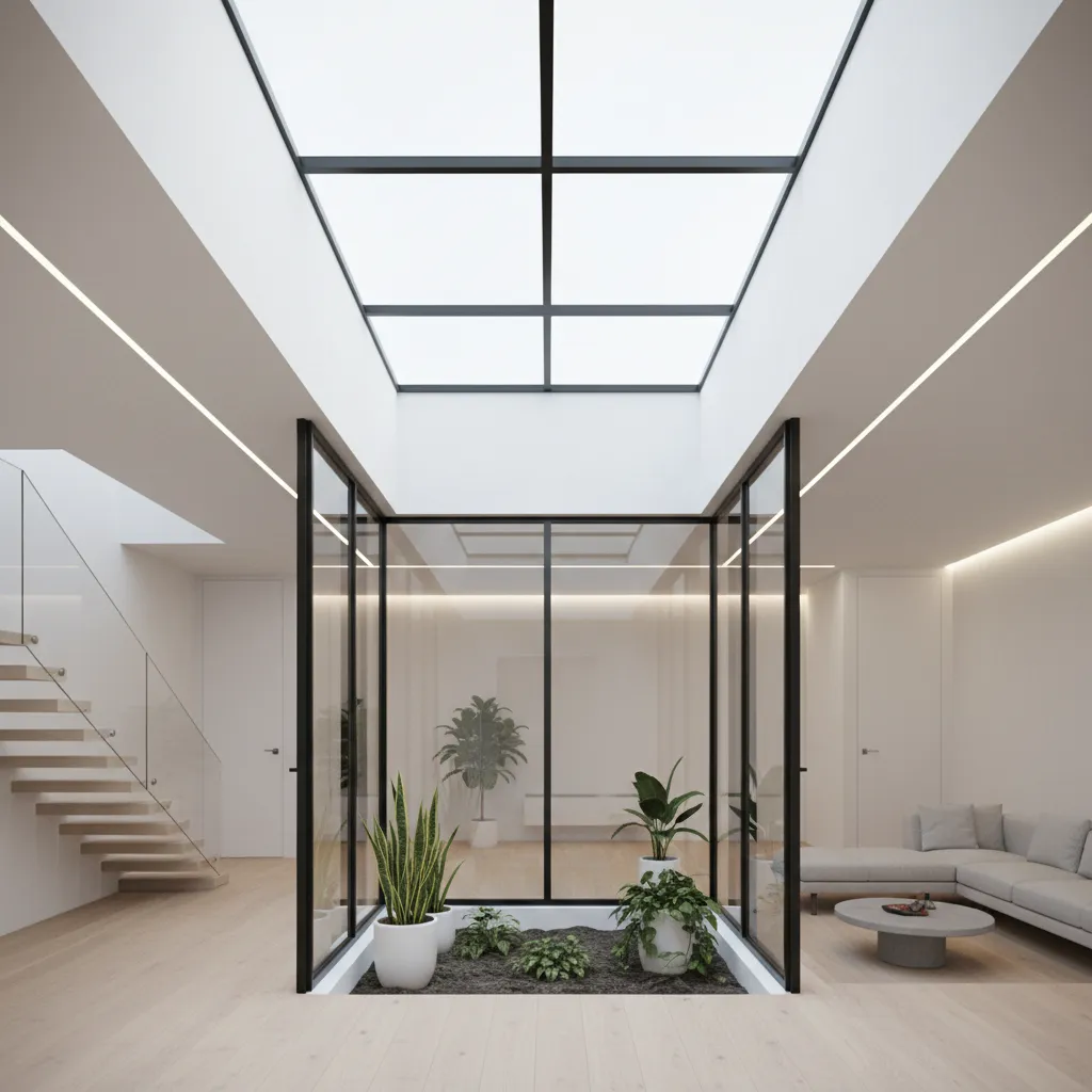 pequeno pátio interno trazendo iluminação para casa estreita