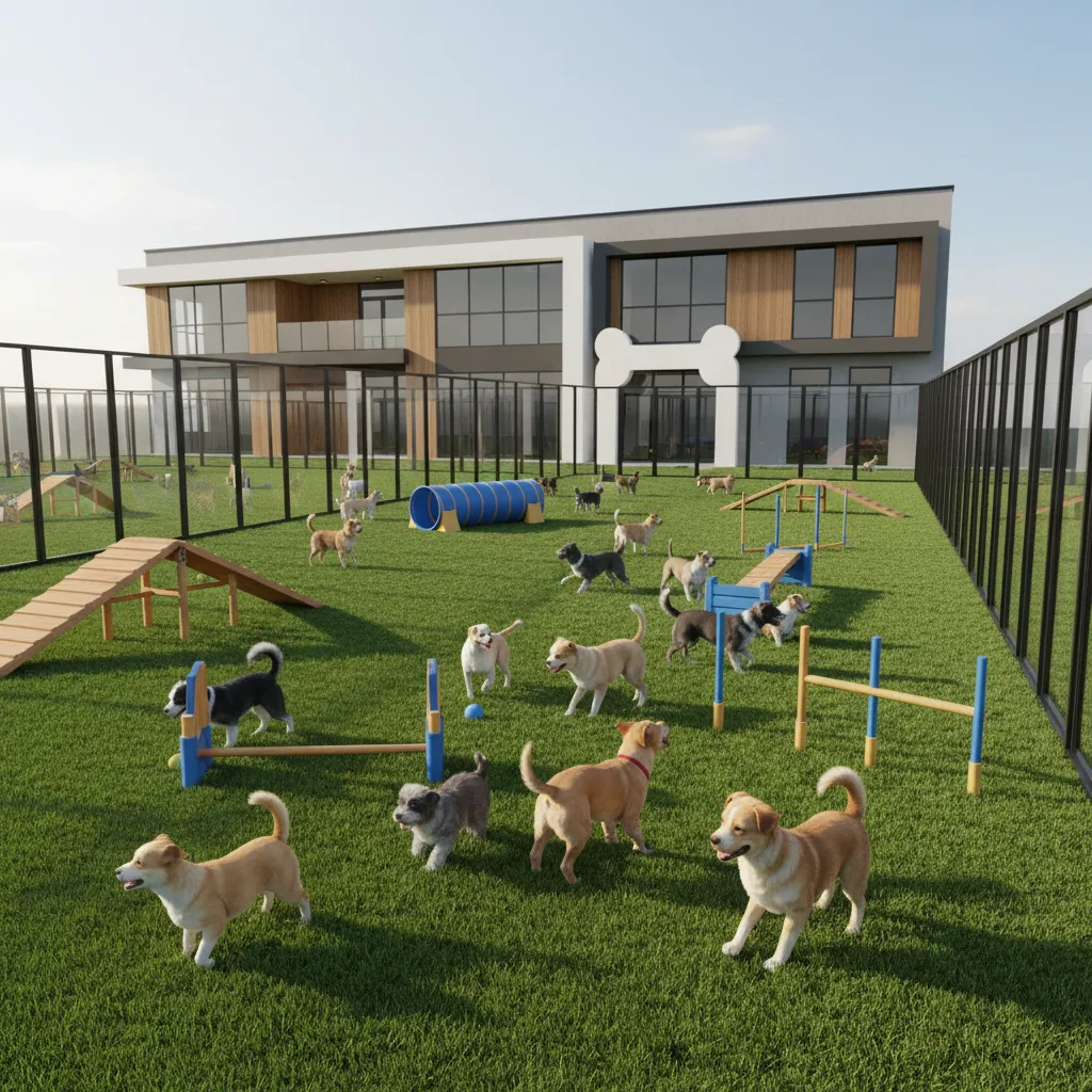 Patio de juego para perros en una guardería canina moderna