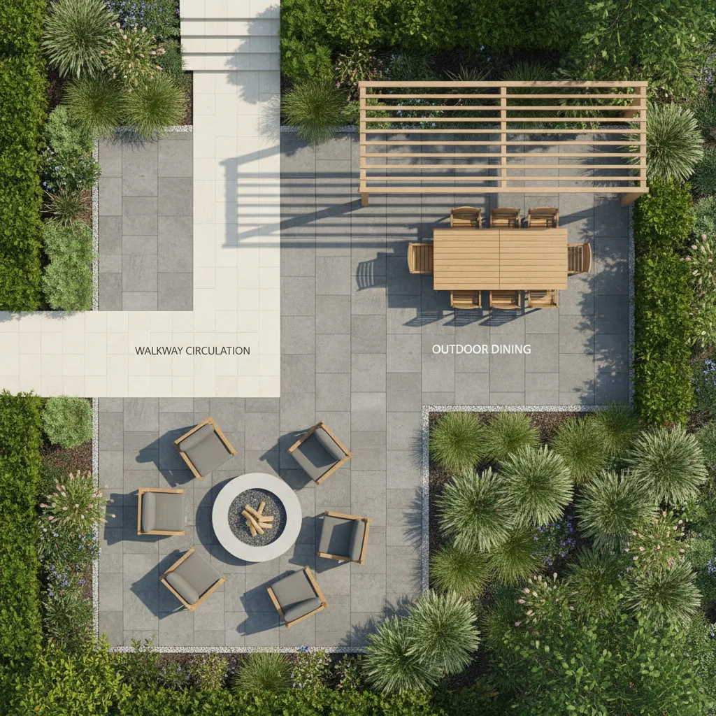 3D patio layout planning showing zones for seating dining and circulation