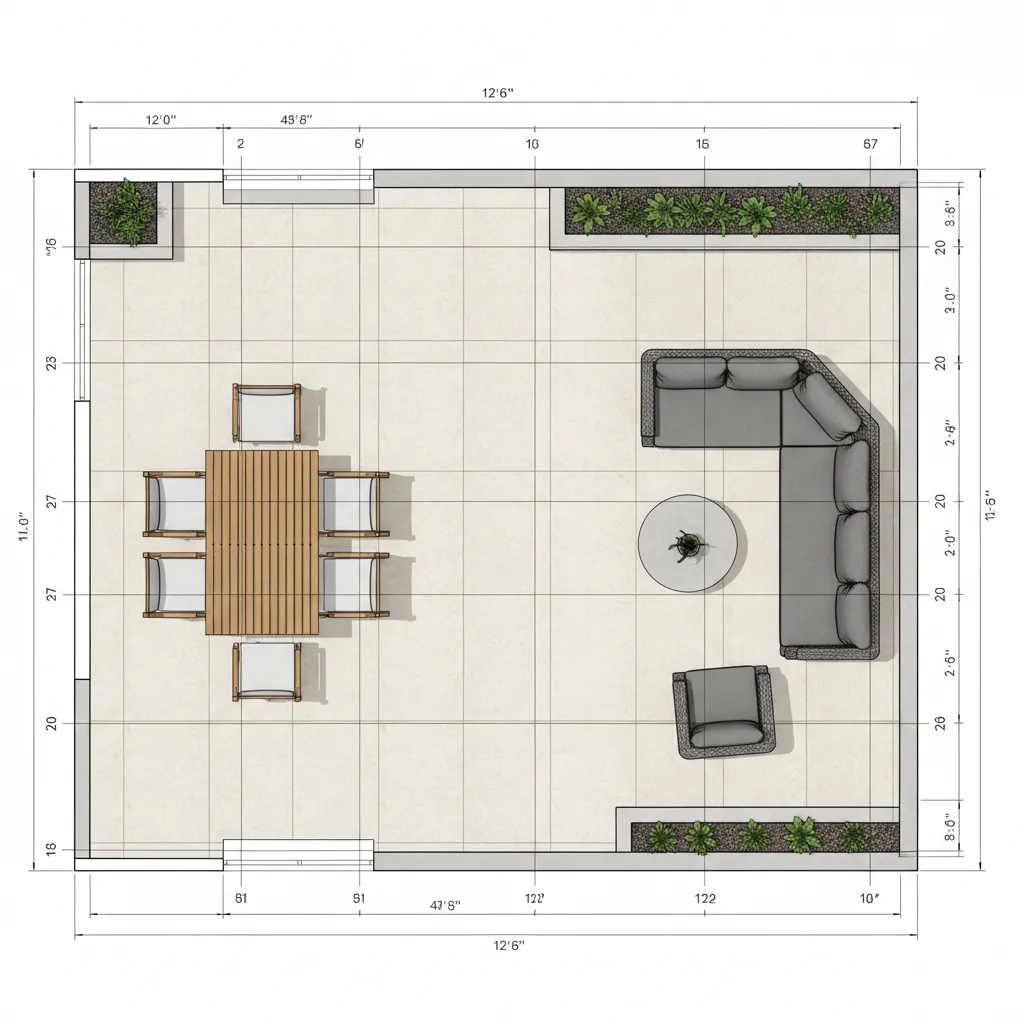 Patio layout design with measurement grid and furniture scale indicators