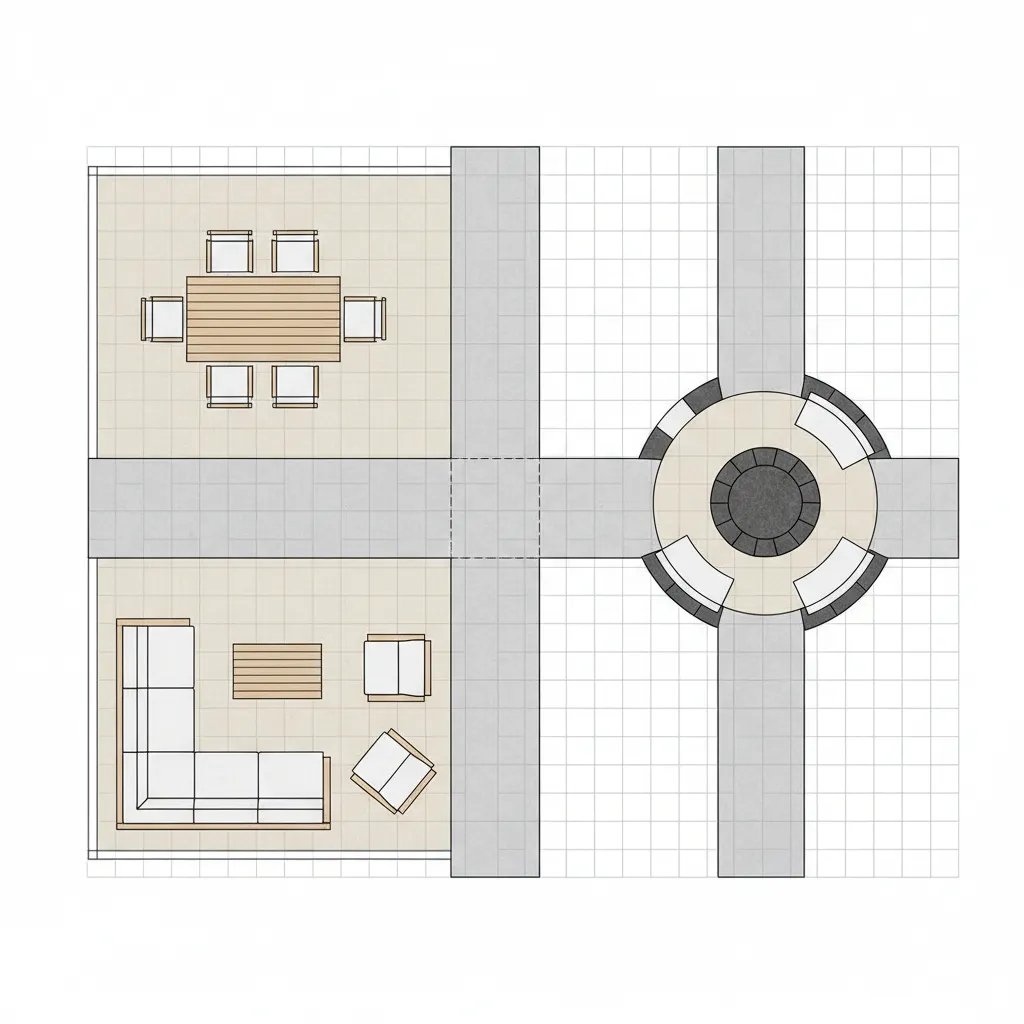 patio floor plan grid with furniture zones and walkway layout