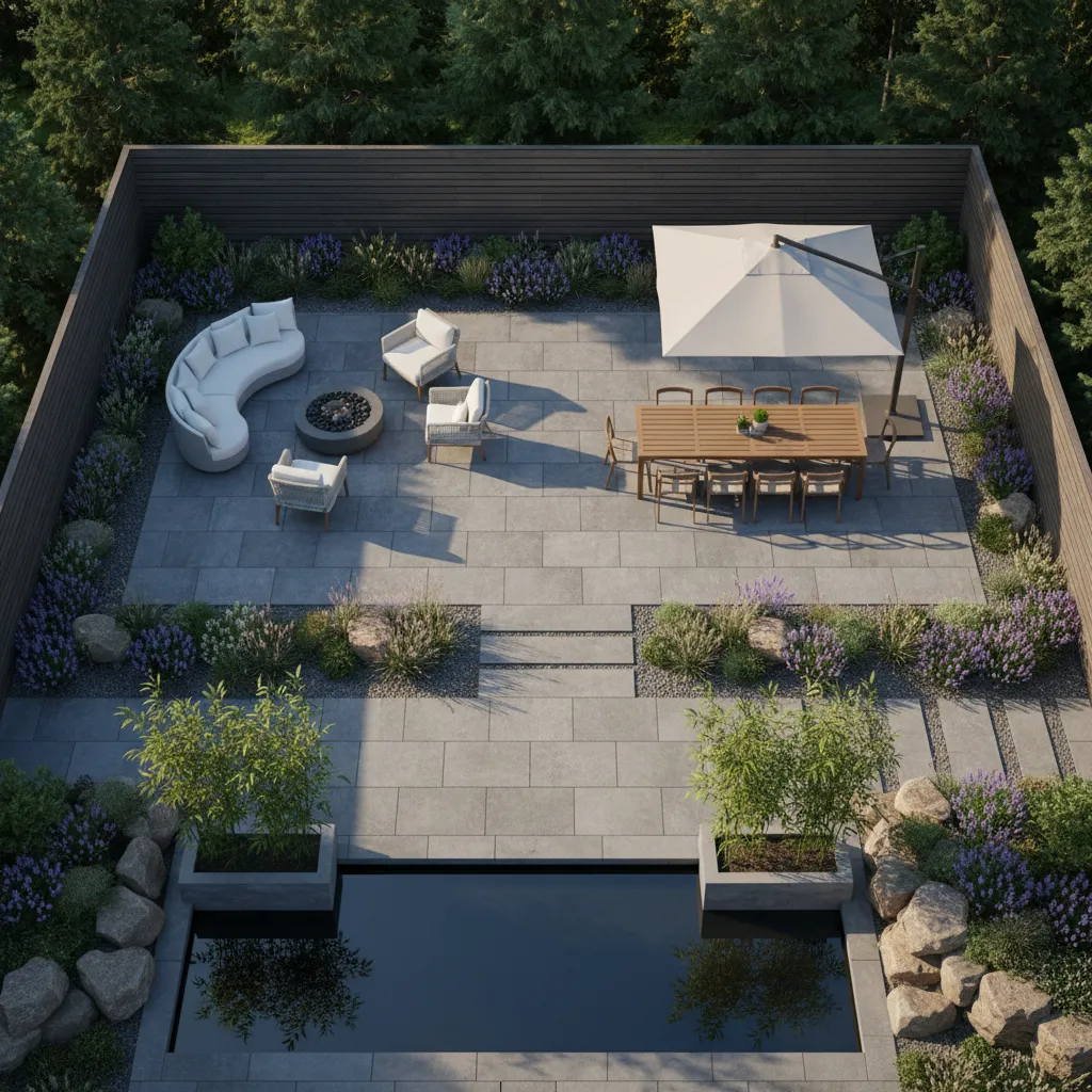 Outdoor patio layout showing seating zone, dining zone, and circulation paths