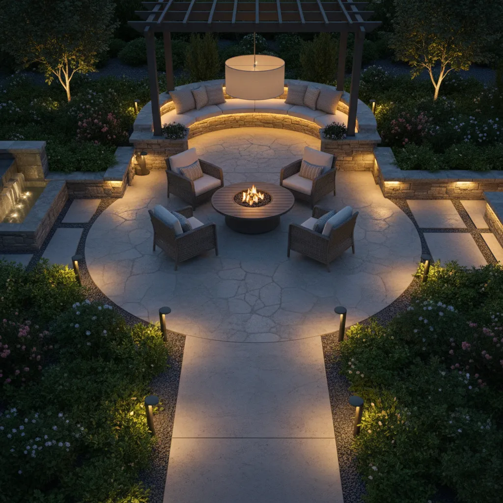 Outdoor patio lighting layout showing lights placed away from seating areas