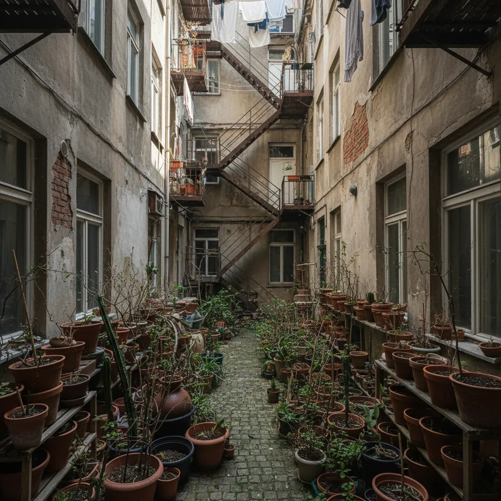 Narrow old courtyard filled with many brown clay potted plants under metal stairs and laundry