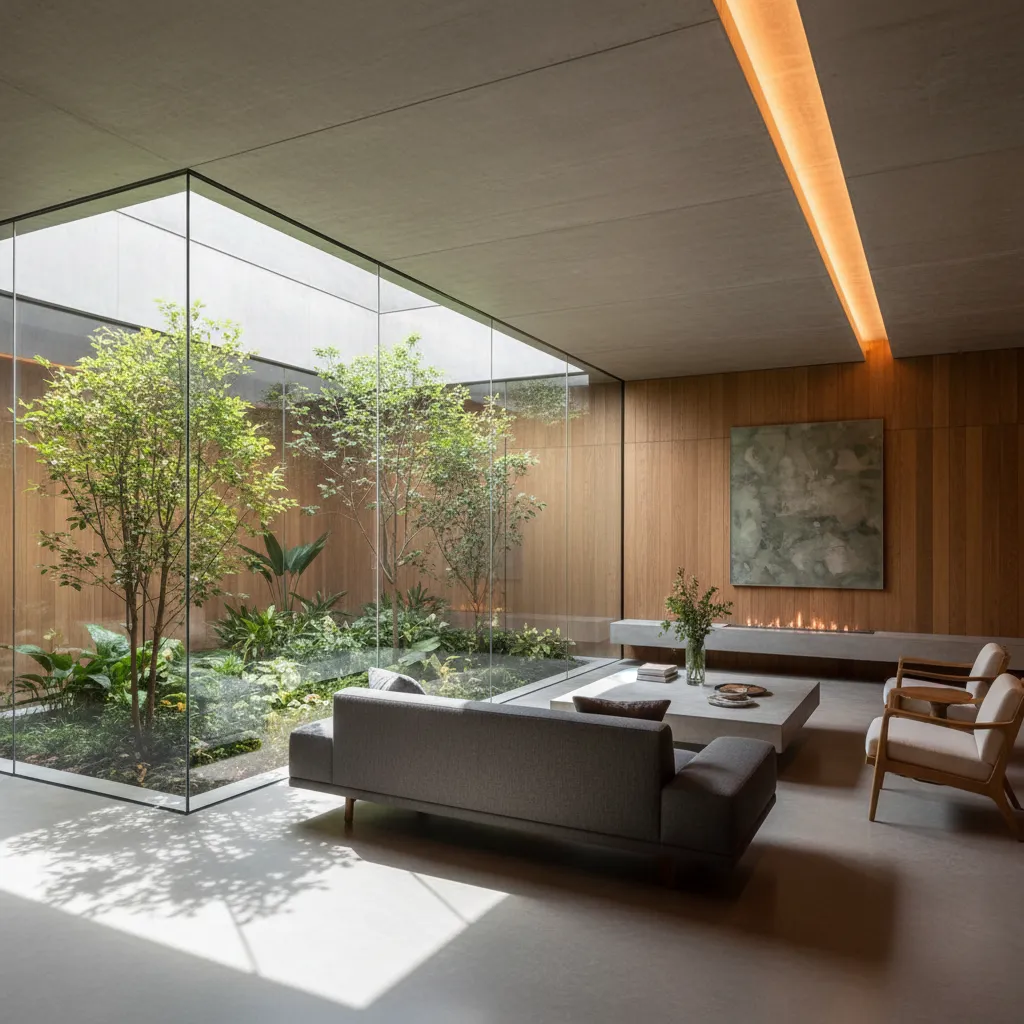 Patio de luz en una casa subterránea iluminando sala de estar