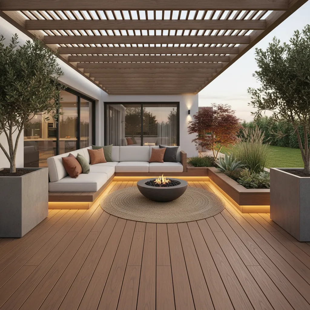 Cozy outdoor lounge under wooden roof with white sofa, fire pit, and brown wood floor