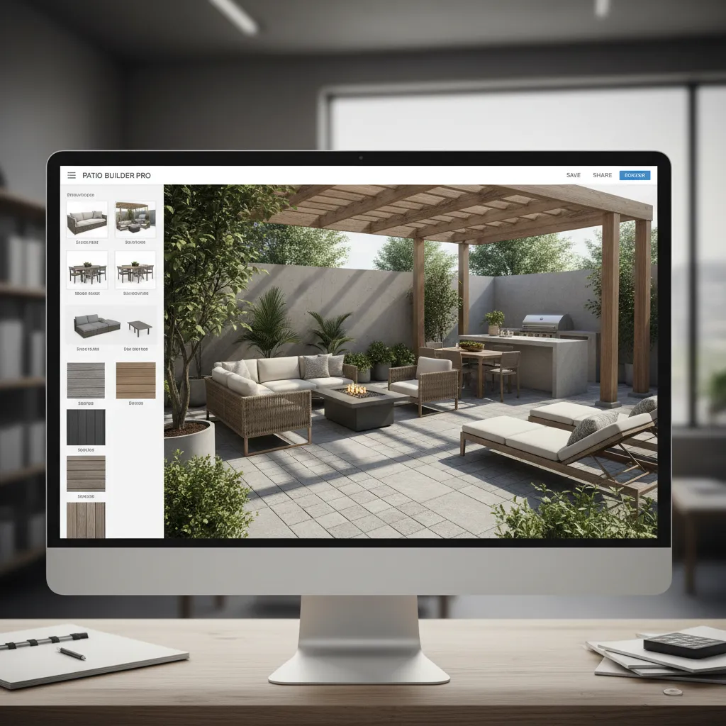 Patio design tool interface showing materials and outdoor furniture options